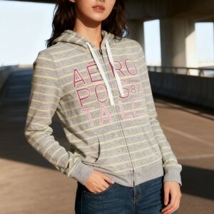Aeropostale Size M Gray & Neon Yellow Striped Zip Hoodie with Pink Logo